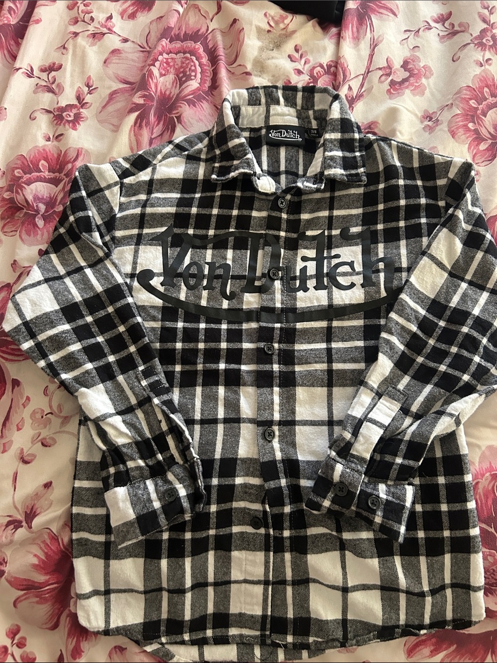 Von Dutch Black & White Plaid Flannel Shirt with Logo - Kids 7/8